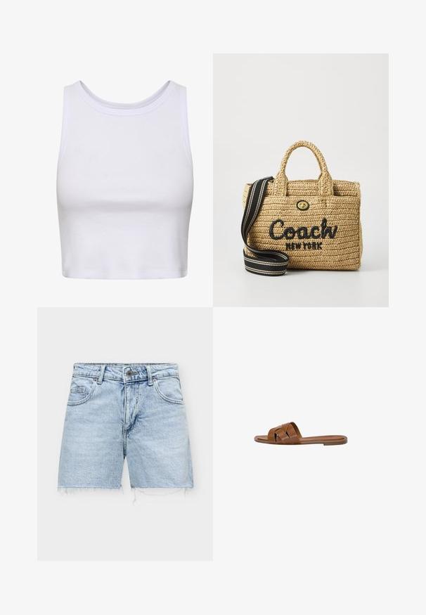 Biely crop top vyrobený z rebrovanej látky, s okrúhlym výstrihom a bezrukávovým dizajnom so priliehavým strihom. Bez vzorov alebo akcentov.; Svetlomodré rifľové šortky s ošúchanými lemami, predným gombíkom, zipsom a prednými i zadnými vreckami.; Hnedé kožené šľapky s krížovými popruhmi, plochou podrážkou a hladkým povrchom. Jednoduchý dizajn bez ozdôb alebo vzorov.; Tkaná slamenná kabelka s dvojitými hornými uchami, čierne vyšívané logo "Coach New York", zlaté kovanie a odnímateľný pruhovaný ramenný popruh.