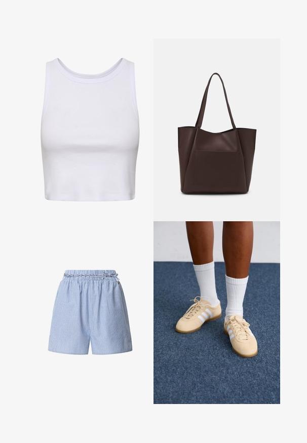 Hvid crop-top lavet af ribbet stof, med en rund halsudskæring og ærmeløs design samt en figursyet silhuet. Ingen mønstre eller detaljer.; Blå stribede shorts med elastisk talje og et flettet snor. Har vertikale hvide striber og et afslappet design.; Person i beige Adidas sneakers med hvide striber og hvide ankelstrømper, stående på et blåt tæppe.; Brun tote taske lavet af glat materiale, med en stor frontlomme, to håndtag og et forenklet, struktureret design.