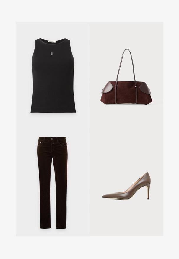 Débardeur côtelé noir sans manches avec col rond et petit logo blanc brodé centré sur la poitrine.; Pantalon en velours côtelé marron avec une coupe droite, doté d'une fermeture à bouton, de deux poches avant et d'un tissu doux au toucher.; Chaussure à talon haut en cuir marron à bout pointu avec un talon aiguille fin et une finition lisse sur un fond clair.; Sac en daim marron avec des accents en cuir, forme structurée, double poignées, bords arrondis, présentant une texture lisse et un matériel minimal.
