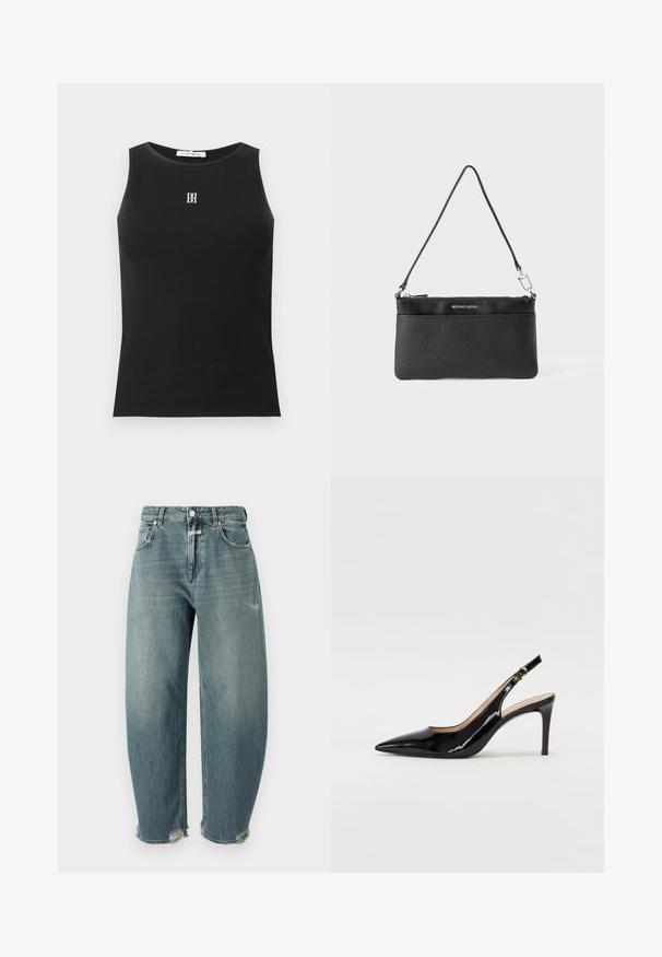 Schwarzes ärmelloses, geripptes Tanktop mit rundem Ausschnitt und kleinem weißem, gesticktem Logo in der Mitte der Brust.; CLOSED JAZZIE - Baggy Jeans - mid blue; Schwarz lackierte Slingback-Pumps mit spitzem Zehenbereich, schlankem Absatz und einem subtilen Ausschnittdesign. Verfügt über eine goldene Schnalle am Riemen.; Schwarze Leder-Wristlet, strukturierte Oberfläche, Reißverschlussverschluss, silberfarbene Hardware, Markenlogo, verstellbarer Riemen. Kompakter und rechteckiger Zuschnitt.