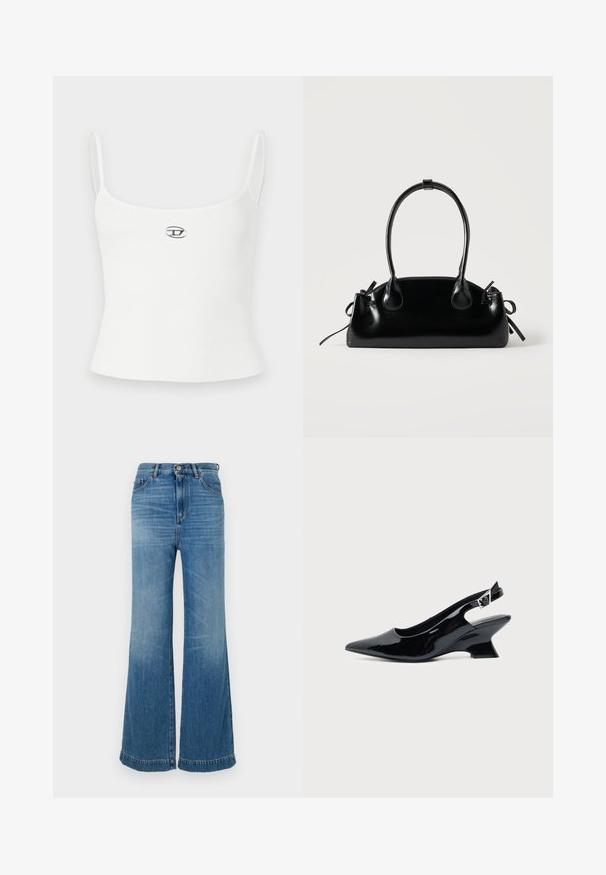 Weißes geripptes Tanktop mit dünnen Trägern und figurbetontem Schnitt. Mit einem kleinen runden Logo in der Mitte. Glatte Textur, minimalistisch im Stil.; Helle blaue Schlagjeans aus Denim mit hoher Taille, fünf Taschen, passender Naht und rohem Saum.; Schwarzer Slingback-Schuh aus Lackleder mit spitzer Spitze und niedrigem, schrägem Blockabsatz auf einfachem hellem Hintergrund.; Kleine schwarze glänzende Handtasche mit zwei langen Griffen und seitlichen Kordelzug-Details vor einfachem hellem Hintergrund.
