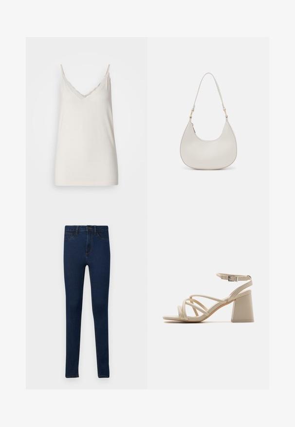 Lys beige camisole med justerbare spaghetti-stropper, V-udskæring og bølget kantdetalje. Fremstillet af blødt stof med en glat tekstur.; Stramme jeans i mørkeblåt denim med en glat overflade, der har et klassisk fem-pockets design og kontrasterende guldsting.; Beige hæle sandaler med krydsede stropper, en ankelspænde og en firkantet blokhælhøjder for stabilitet. Glat, læderlignende tekstur.; Cremefarvet læder skuldertaske med en halvmåneform, tynd rem og diskrete syninger. Minimalistisk design med hardware-accenter i guldton.