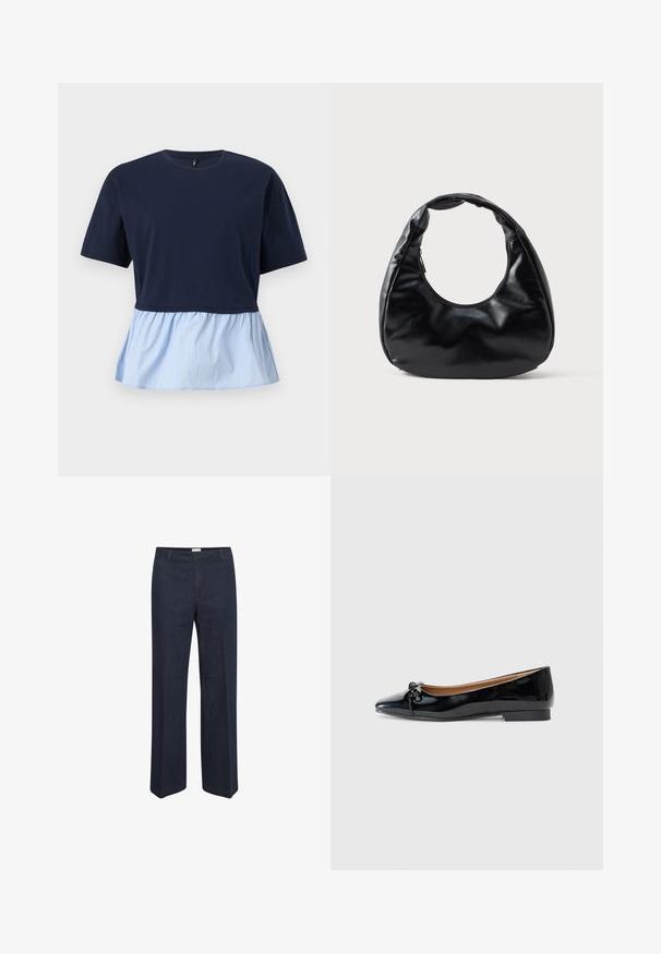 Donkerblauw topje met korte mouwen, ronde hals en een aangehechte lichtblauw-wit gestreepte peplumzoom.; Donkerblauwe, wijde jeans met een klassieke tailleband en voorzakken, ontworpen voor een comfortabele pasvorm en veelzijdige stijl.; Zwarte gepatineerde ballerina's met een spitse neus, een klein strikdetail aan de voorkant en een lage, vierkante hak. Glad, glanzend oppervlak.; Zwarte neplederen handtas met een unieke halve maanvorm, een brede, gevoerde handgreep en een ritssluiting. Glad, glanzend oppervlak, minimalistisch ontwerp.
