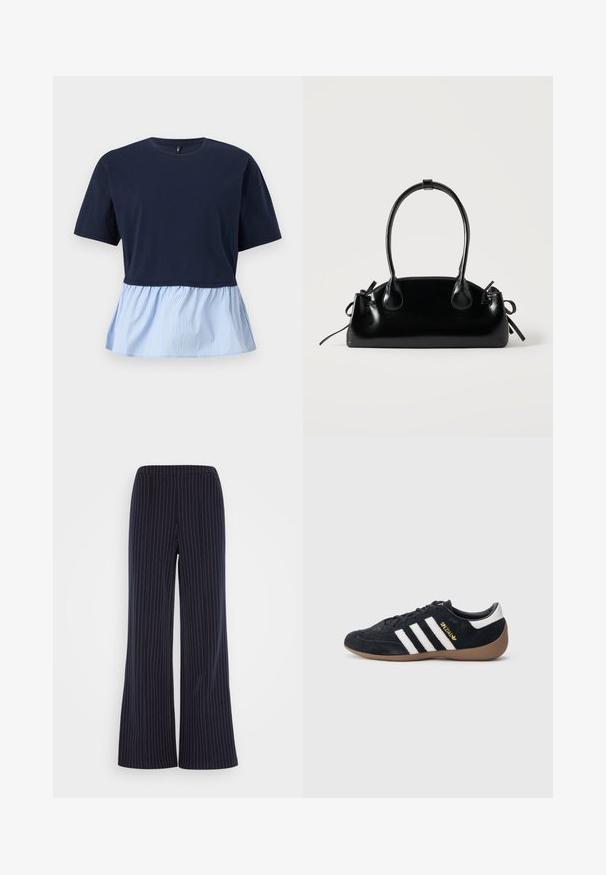Haut à manches courtes bleu marine avec col rond et ourlet basque attaché à rayures verticales bleu clair et blanc.; Pantalon large bleu marine avec des rayures verticales blanches, taille élastique et texture de tissu douce, offrant une coupe décontractée.; Baskets en daim noir avec trois bandes blanches, semelle en caoutchouc beige, et un petit logo doré sur le côté. Dotées d'une doublure intérieure noire lisse.; Petit sac à main noir brillant avec deux longues anses et des détails à cordon sur les côtés sur un fond clair uni.