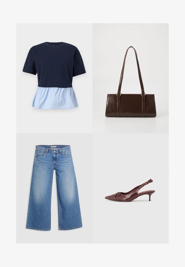 Marineblå top med korte ærmer, rund hals og påsyet peplumkant med lyseblå og hvide lodrette striber.; Lysblå vidde jeans lavet af denim, med høj talje, klassisk fem-lomme design og subtile falmning langs benene.; Bordeaux læder slingback hæl med spidse tå, justerbar rem og dekorativ sløjfedetalje foran. 7,5 cm hælhøjde.; Brun lakeret håndtaske med rektangulær form, to lange håndtag og subtile buede detaljer på fronten.