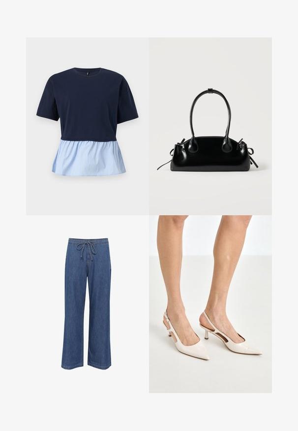 Donkerblauw topje met korte mouwen, ronde hals en een aangehechte lichtblauw-wit gestreepte peplumzoom.; Denim wijde pijpen broek met een trekkoord in de taille, in een middelblauwe kleur, rechte snit en subtiele stikseldetails.; Beige gepatineerde leren slingback hakken met een spitze neus en een hak van 5 cm, met uitsparingen aan de zijkanten en een dunne enkelband.; Kleine zwarte glanzende handtas met twee lange hengsels en zijkant trekkoord details op een effen lichte achtergrond.