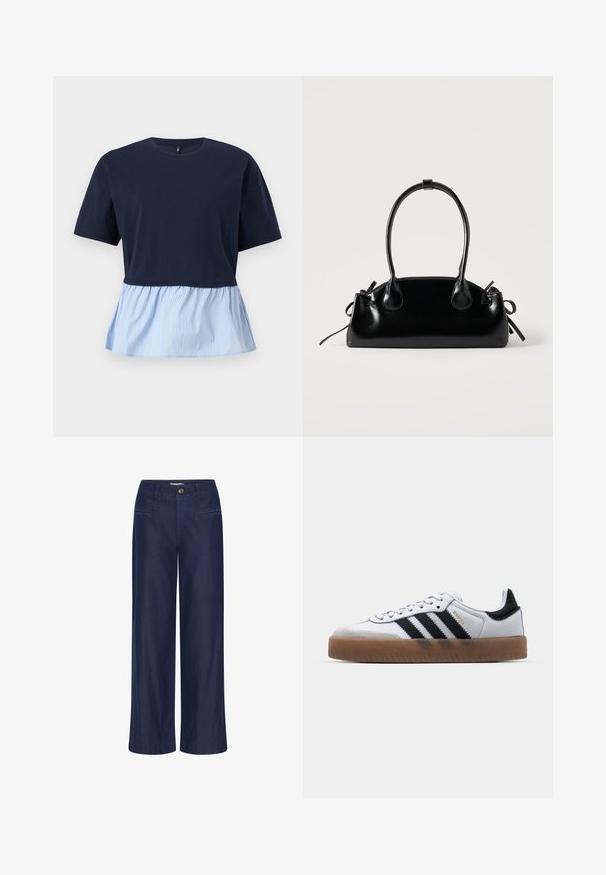 Donkerblauw topje met korte mouwen, ronde hals en een aangehechte lichtblauw-wit gestreepte peplumzoom.; ICHI IHFlared - Flared Jeans - dark blue; Witte leren sneakers met zwarte strepen, gumrubberen buitenzool, ronde neus, vetersluiting en een zachte grijze suède neuskap.; Kleine zwarte glanzende handtas met twee lange hengsels en zijkant trekkoord details op een effen lichte achtergrond.