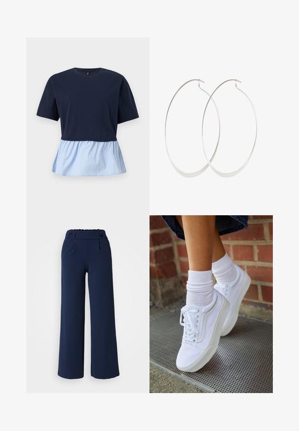 Donkerblauw topje met korte mouwen, ronde hals en een aangehechte lichtblauw-wit gestreepte peplumzoom.; Navy wijde pijpenbroeken van zachte stof; met platte voorkant, twee zijzakken en dubbele knoopsluiting in de taille.; Witte canvas sneakers met rubberen zolen, voorzien van zes vetertjes, een ronde neus en lichte stikdetails, gecombineerd met witte enkelsokken.; Zilveren oorringen met een dun, glad ontwerp; langwerpige ovale vorm; gepolijste afwerking; voorzien van een veilige haaksluiting.