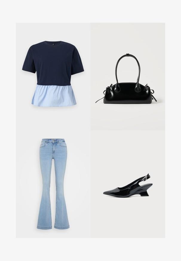 Marineblaues kurzärmeliges Oberteil mit Rundhalsausschnitt und angenähtem hellblau-weiß gestreiftem vertikalem Volant-Saum.; Hellblaue Schlagjeans aus Denim, mit hoher Taille, fünf Taschen und kontrastierenden Nähten entlang der Säume.; Schwarzer Slingback-Schuh aus Lackleder mit spitzer Spitze und niedrigem, schrägem Blockabsatz auf einfachem hellem Hintergrund.; Kleine schwarze glänzende Handtasche mit zwei langen Griffen und seitlichen Kordelzug-Details vor einfachem hellem Hintergrund.