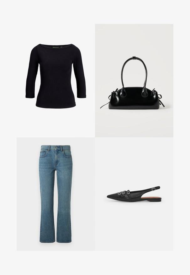 Sort ribbet top med bådudskæring og trekvartærmer, lavet af strækbart materiale, med en tætsiddende pasform og glat tekstur.; Lysblå flagrende jeans lavet af denim, med fem lommer, en frontknaplukning og subtil fading for tekstur.; Sort læderslyngeflad sko med spids tå, der har to vandrette stropper og firkantede sølvspænder, lav hæl og glat tekstur.; Lille sort blank håndtaske med to lange håndtag og snøre-detaljer i siden på en ensfarvet lys baggrund.