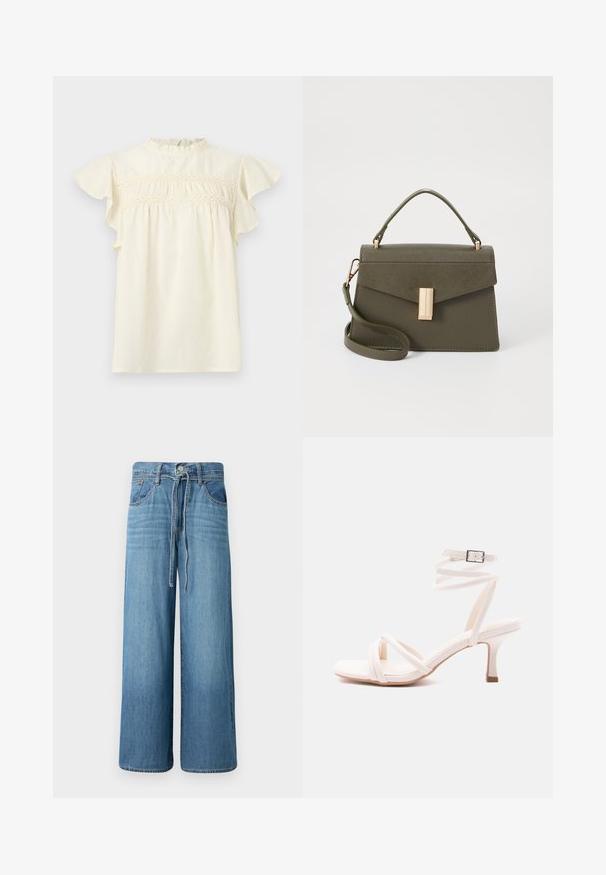 Gul bluse med korte ærmer med flæser, tekstureret stof og blonderdetalje over brystet og halsudskæringen.; Bredde ben jeans i lys blå denim. Har en knappelukning med snor i taljen, fem lommer og en let falmet finish.; Hvid sandal med hæl, spænde-front, ankelrem med spænde og en slank mellemhøj hæl mod en ensfarvet baggrund.; Lille olivengrøn håndtaske med en struktureret design, der har et topgreb, aftagelig skulderrem og en guldfarvet lås foran.