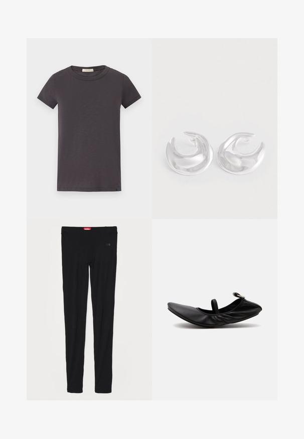 rag & bone THE SLUB - T-shirt basic - greystone; Zwarte legging van gladde stof, met een hoge tailleband en subtiele branding aan de voorkant. De legging heeft een slanke, aansluitende pasvorm.; Zwarte gevouwen leren ballerina platte schoen met een enkele band en zilveren gesp op een effen lichte achtergrond.; Een paar gepolijste zilveren halvemaanvormige creolen met een glad, reflecterend oppervlak op een witte achtergrond.