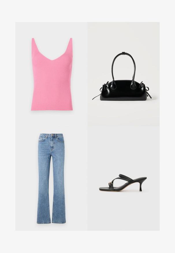Figurbetontes, pinkes, geripptes Tanktop mit tiefem V-Ausschnitt, breiten Schulterträgern und glatter Textur. Eignet sich sowohl zum Schichten als auch zum alleinigen Tragen.; Helle blaue Denim-Jeans mit einem ausgestellten Beindesign, hoher Taille und minimalen Verzierungen. Verfügt über einen klassischen Fünf-Taschen-Stil und dezente Nähte.; Schwarze Sandalen mit Absatz und quadratischer Zehenform, zwei überkreuzten Riemen, goldfarbener Schnallenakzent und einem schmalen hohen Absatz. Weiches Ledertextur.; Kleine schwarze glänzende Handtasche mit zwei langen Griffen und seitlichen Kordelzug-Details vor einfachem hellem Hintergrund.