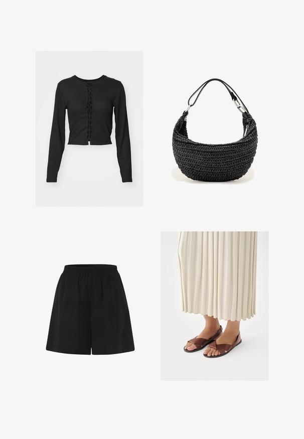 Top corto negro de manga larga con tejido texturizado, que presenta una abertura frontal con diseño entrelazado y cuello redondo.; Pantalones cortos de algodón negros con cinturilla elástica, con un ajuste holgado y un diseño de pierna recta. Textura suave, sin patrones o acentos adicionales.; Sandalias de cuero marrón con diseño de tiras cruzadas, suela plana y punta abierta, combinadas con una falda plisada de color crema.; Bolso tejido negro con forma curva y delgada correa de cuero para el hombro, sujeta con cierres plateados.