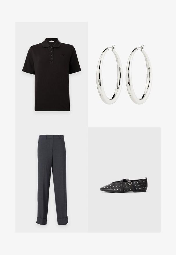 Polo negro de manga corta fabricado en algodón, con una tapeta de tres botones, un cuello clásico y un pequeño logo de la marca en el pecho.; Pantalones grises ajustados hechos de un tejido texturizado, con pierna recta, trabillas para cinturón y dobladillos enrollados para una apariencia estructurada.; Zapato plano negro de punta con tachuelas plateadas y correa cruzada ajustable con hebilla, tacón mínimo, sobre un fondo claro y liso.; Pendientes de aro de plata con una superficie lisa y reflectante. Forma redonda y grande con un cierre seguro en la parte superior. El acabado pulido resalta el brillo.