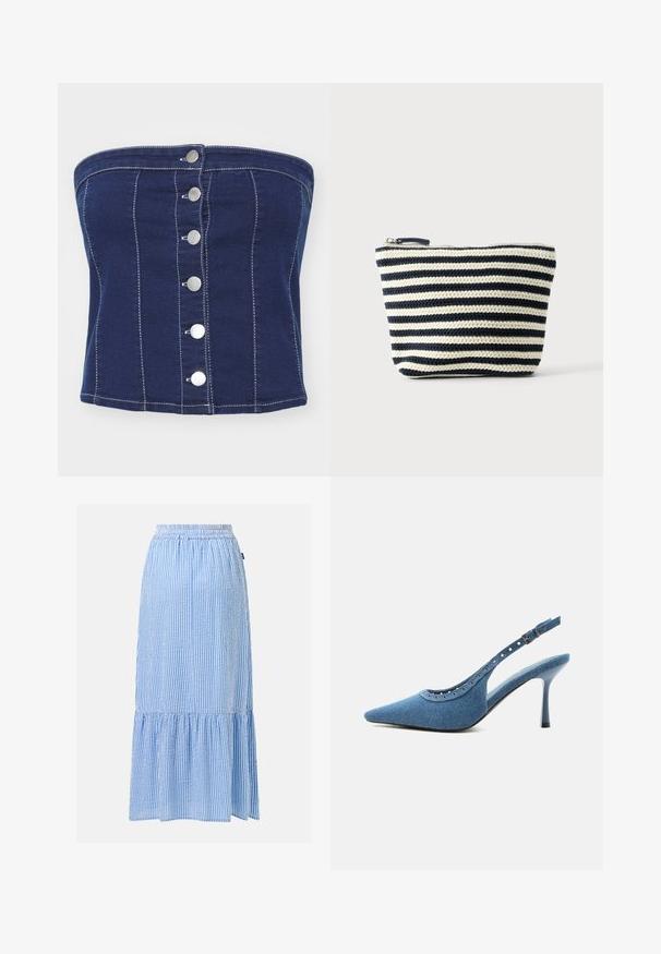 Top sans bretelles en denim bleu marine avec des coutures verticales et six boutons-pression argentés sur le devant. Texture lisse et design ajusté.; Jupe midi à rayures verticales bleu clair et blanc avec taille élastique et détail volanté à l'ourlet sur fond uni.; Chaussure à talon haut slingback en denim bleu à bout pointu avec détails œillets argentés et bride réglable à boucle.; Petite pochette zippée avec des rayures horizontales noires et blanches en tricot, fond plat et tirette de fermeture éclair visible en haut.