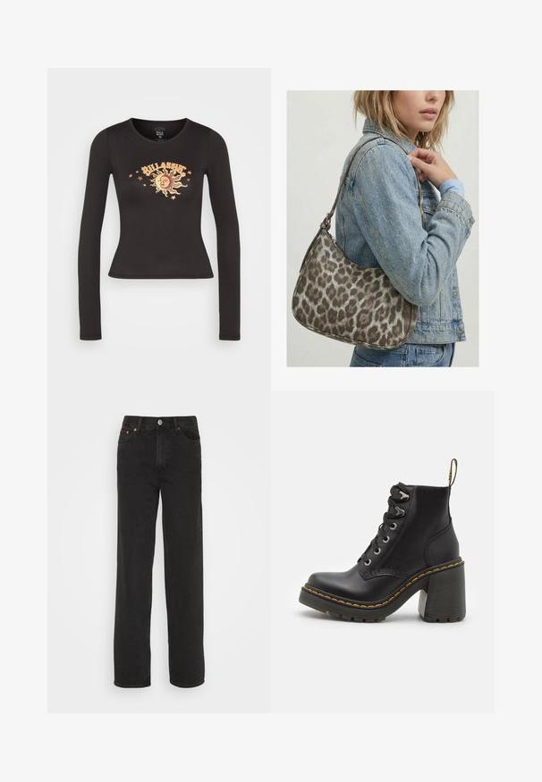 Schwarzes, langärmliges, eng anliegendes Crop-Top mit einem Sonnen- und Mondgrafik, umgeben von Sternen und dem Schriftzug "Billabong" auf der Brust.; Schwarze Jeans im Straight-Leg-Stil mit fünf Taschen, Knopfverschluss vorn und Gürtelschlaufen, vor einem weißen Hintergrund präsentiert.; Schwarze Lederstiefelette mit einem klobigen hohen Absatz, Schnürung vorne, metallischen Ösen und gelben Nähten entlang der Sohle. Strukturierten Gummiaußensohle.; Frau trägt eine helle Jeansjacke und Jeans und hält eine braune Schultertasche mit Leopardenmuster vor einem schlichten Hintergrund.