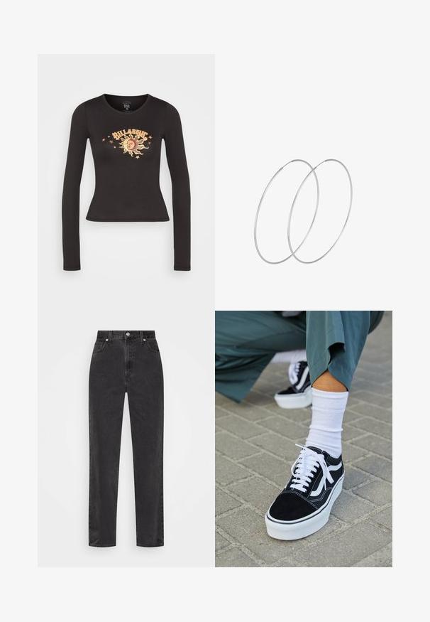 Schwarzes, langärmliges, eng anliegendes Crop-Top mit einem Sonnen- und Mondgrafik, umgeben von Sternen und dem Schriftzug "Billabong" auf der Brust.; Schwarze Denim-Jeans mit geradem Bein, hoher Taille, vorderem Knopf und Reißverschluss sowie fünf Taschen auf weißem Hintergrund.; Schwarze Wildledersneaker mit weißen Akzenten und Schnürsenkeln, ausgestattet mit einer dicken weißen Sohle und kontrastierenden Nähten, kombiniert mit einer weißen Socke.; Silberne Creolen mit minimalistischem Design. Rundform, glatte Oberfläche und dünnes Profil. Leichtgewichtig mit hochglänzender Oberfläche.