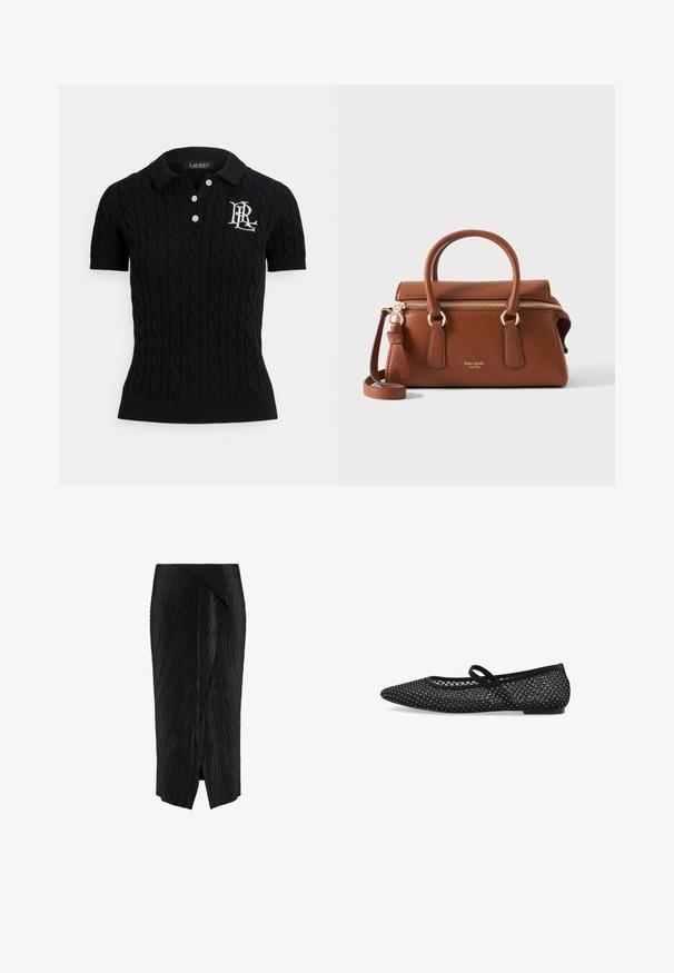 Polo noir à manches courtes avec texture en maille torsadée, trois boutons blancs au col et un logo brodé sur la poitrine gauche.; Jupe midi noire avec plis diagonaux et une fente avant asymétrique superposée.; Chaussure plate noire avec un design à bout pointu, tige en maille avec des accents en strass, et une fine bride pour un maintien sécurisé. Semelle plate.; Sac à main en cuir marron avec double anses, fermeture éclair dorée, bandoulière amovible et logo « kate spade new york » sur le devant.