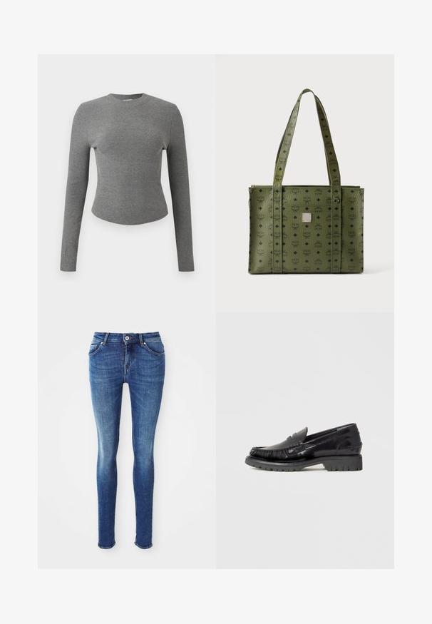 Langärmeliger, figurbetonter grauer gerippter Strickpullover mit rundem Ausschnitt und leicht geschwungenem Saum, dargestellt auf einem schlichten hellen Hintergrund.; Blaue Denim-Skinny-Jeans mit glatter Textur, mittelhohem Bund, fünf Taschen und leichter Ausbleichung an den Oberschenkeln. Mit Metallknopf und Reißverschluss.; Schwarzer Lederloafer mit einem Obermaterial im Mokassinstil, strukturiertem Fransen-Detail und einer dicken schwarzen Gummisohle. Glatte Oberfläche, abgerundete Spitze.; Grüne Leder-Tasche mit schwarzem MCM-Logo-Muster, zwei Schulterriemen und einem kleinen silbernen quadratischen Metallemblem vorne in der Mitte.