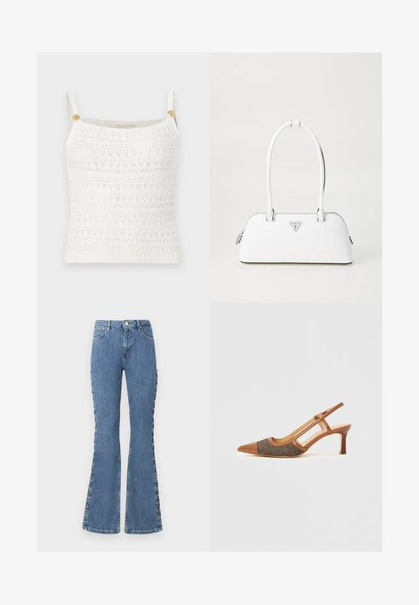 Hvid strikket ærmeløs croptop med tynde stropper og små gyldne knapper formet som blomster på hver strop.; Højtaljede, flagrende blå jeans lavet af denim med dekorative snører detaljer langs siderne og et klassisk fem-lomme design.; Brun læder slingback-sko med spids tå, der har en mørk mønstret stofpanel og en stablet hæl. Åbne sider og glat tekstur.; Hvid lædertaske med en buet form, der har et sølvtrapezlogo og lynlåslukning. Glat tekstur og dobbelthåndtag.