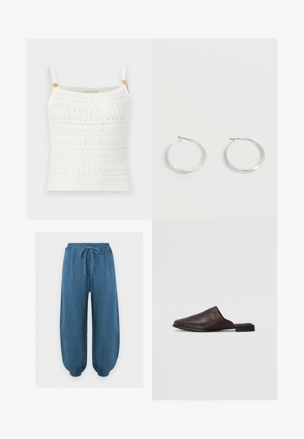 Haut court en maille blanche sans manches avec fines bretelles et petits boutons dorés en forme de fleurs sur chaque bretelle.; Pantalon bleu texturé ample avec ceinture élastique et poignets aux chevilles, avec un cordon de serrage à l'avant pour l'ajustement.; Mule noir à enfiler en matériau texturé avec un motif reptilien, doté d'un talon bas et plat et d'un design à bout ouvert arrondi.; Boucles d’oreilles créoles en métal argenté avec une surface lisse légèrement incurvée et des fermoirs à clapet sur un fond blanc uni.