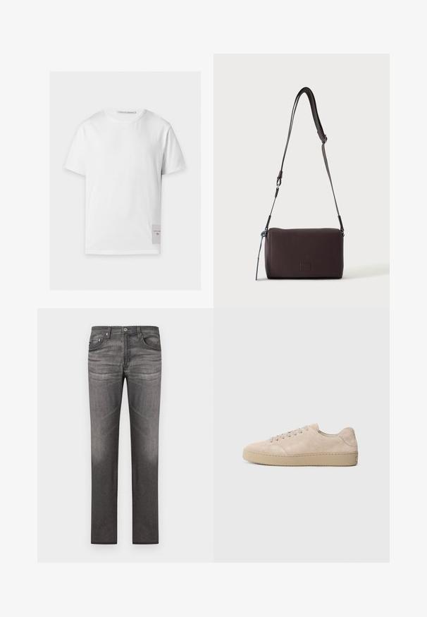 T-shirt blanc uni à manches courtes avec un col rond et une petite étiquette rectangulaire portant le texte de la marque près de l'ourlet inférieur du côté droit.; Jean en denim gris foncé avec une coupe droite, cinq poches, délavage subtil et détails de couture le long des coutures.; Baskets en daim beige avec un bout rond, des lacets plats et une semelle en caoutchouc texturé. Design minimaliste avec des bords lisses et des coutures discrètes.; Sac bandoulière en cuir marron foncé texturé avec une sangle réglable et un petit accent décoratif bleu sur le côté.