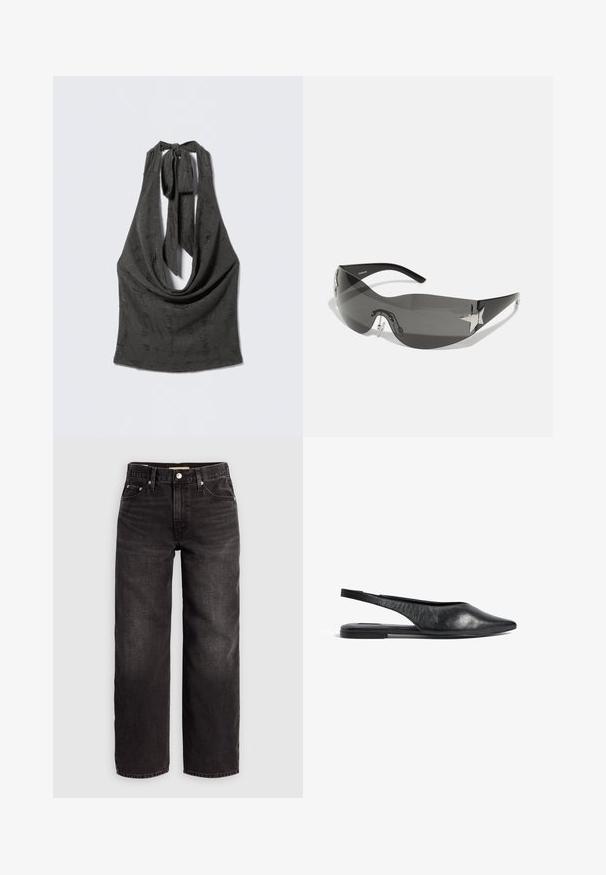 Top negro texturizado tipo halter con escote bajo y drapeado, con tirantes anudados en la parte trasera del cuello, mostrado sobre un fondo gris.; Levi's® BAGGY DAD - Vaqueros baggy - shrink up; Bailarinas de piel negra con tira en el talón y punta afilada, de diseño minimalista. Cuentan con un perfil elegante y un tacón delgado para mayor estabilidad.; Gafas de sol negras con diseño envolvente, lentes oscuros, acentos brillantes en forma de estrella y almohadillas nasales ajustables.