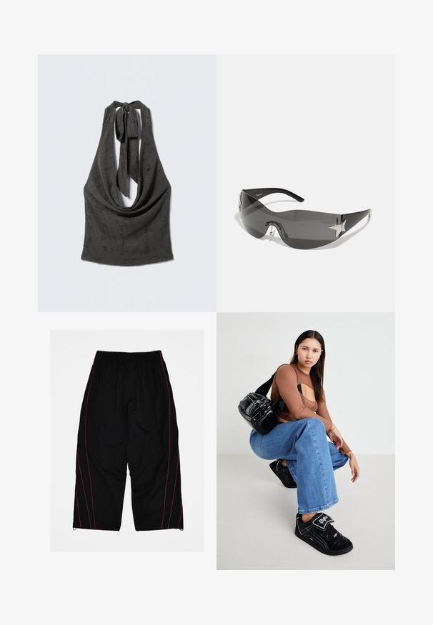 Haut noir texturé à col licou avec un décolleté drapé bas et des bretelles nouées à l'arrière du cou, présenté sur un fond gris.; Pantalon de sport noir avec une coupe ample, tissu en maille et bandes latérales roses contrastantes. Taille élastique avec cordon de serrage réglable.; Sac bandoulière noir avec plusieurs poches zippées, haut à manches longues marron avec un design découpé, et jeans larges bleus avec des bords effilochés.; Lunettes de soleil noires avec un design enveloppant, verres teintés foncés, accents brillants en forme d'étoile et plaquettes de nez ajustables.