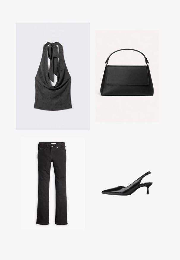 Sort tekstureret haltertop med dyb draperet halsudskæring og bundne stropper bag på nakken, vist på en grå baggrund.; Sorte jeans lavet af denim, med lige ben-design, standard talje, fem lommer og diskrete syninger.; Sorte slingback pumps med spids tå, lavet af tekstureret syntetisk materiale, med en slank hæl og et åbent sides_design.; Sort læderhåndtaske med en topklap, trapezform og et enkelt buet håndtag fastgjort med metalringe.