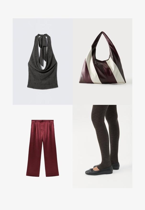 Haut noir texturé à col licou avec un décolleté drapé bas et des bretelles nouées à l'arrière du cou, présenté sur un fond gris.; Pantalons larges bordeaux en satin avec une texture lisse, dotés d'une taille haute et de deux poches latérales pour un détail fonctionnel.; Jambes portant des leggings côtelés foncés associés à des ballerines noires avec de petits détails en nœud sur fond blanc.; Grand sac à main triangulaire en cuir avec de larges rayures diagonales marron foncé, bordeaux et crème sur un fond uni.