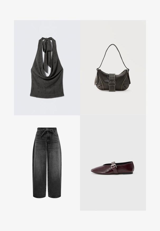 Sort tekstureret haltertop med dyb draperet halsudskæring og bundne stropper bag på nakken, vist på en grå baggrund.; ONLY Straight fit ONLGIANNA Mid waist Balloon - Jeans Straight Leg - washed black; Bordeaux læder ballerina sko med spidse tæer, flad sål og en dekorativ spænde-strop over vristen. Glat, blank tekstur.; Sort læder skuldertaske med spænde på remmen, afrundede kanter og kontrasterende hvide syninger på en ensfarvet baggrund.