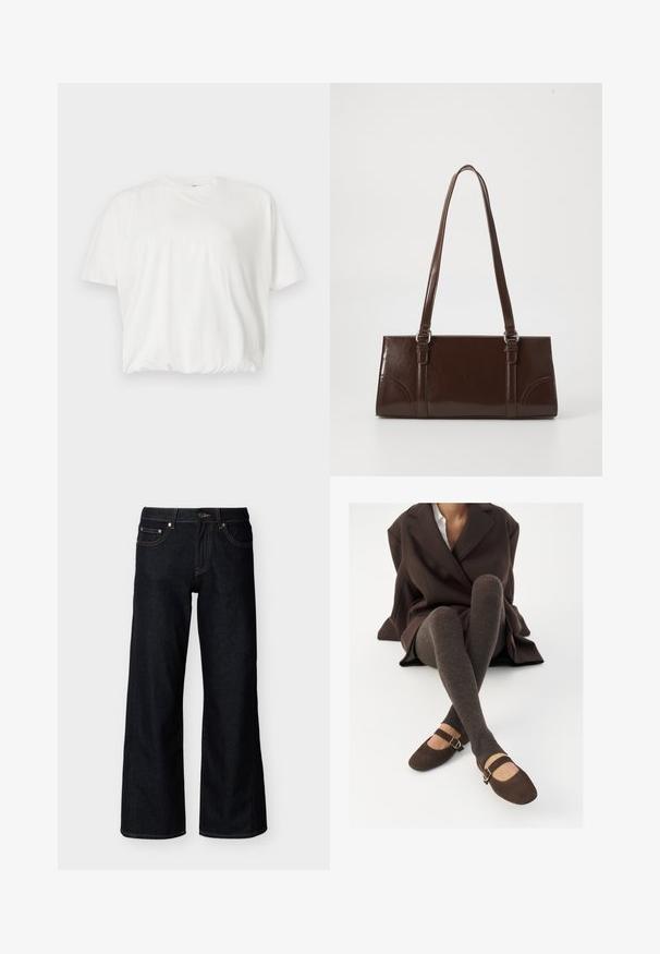 Hvid kortærmet, loose-fit T-shirt med rund hals og elastisk kant, vist på en lys grå baggrund.; Mørkeblå jeans med brede ben, med forreste knap, lynlås og styling med fem lommer på en ensfarvet lys baggrund.; Brune ribbede knæhøje sokker parret med brune ruskinds Mary Jane sko med en dekorativ rem og spænde, båret med en mørk frakke.; Brun lakeret håndtaske med rektangulær form, to lange håndtag og subtile buede detaljer på fronten.