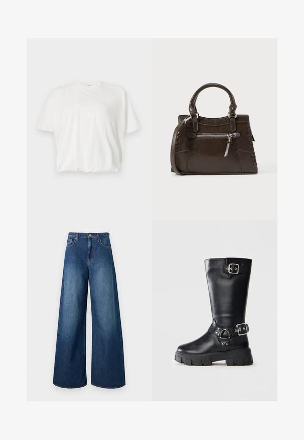Hvid kortærmet, loose-fit T-shirt med rund hals og elastisk kant, vist på en lys grå baggrund.; Jeans i mørkeblåt denim med høj talje, brede ben, fem lommer, bæltestropper og kobberknaplukning.; Sort læderstøvle til midten af læggen med tyk luftgummisål, to sølvfarvede spænder - en øverst og en omkring anklen.; Brun læderhåndtaske med top-håndtag, lynlåslomme foran og vævede detaljer på siderne. Glat tekstur og struktureret form.