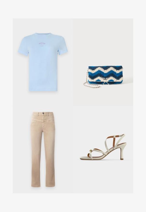Lyseblå kortærmet t-shirt med rund hals og lille pink tekst "Moschino Jeans 86-28" centreret på brystet.; Beige lige bukser lavet af blødt stof, med lukning foran med knap, to frontlommer og subtile syningsdetaljer.; Beige hæl-sandal med tynde stropper, der krydser over foden, og en lille gylden dekorativ kugle nær tåområdet.; Blå, marineblå og hvid hæklede clutch taske med zigzag mønster og sølvkæde rem, vist mod en ensfarvet hvid baggrund.