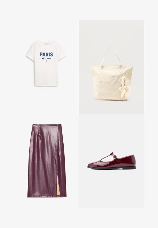 Hvid kortærmet T-shirt med rund hals og mørkeblå tekst "PARIS EST. 2007" samt et lille hjerte under teksten.; Bordeaux farvet faux læder blyantskirt med slidser i siden, glat tekstur og sømdetaljer, der har en tætsiddende silhuet og knælangt design.; Bordeaux laklæder Mary Jane-flad med udskæringsdesign og en guldbeklædt spænde på remmen, med en lav sort sål.; Beige lærredstaske med to håndtag og en scrunchie med sløjfe fastgjort til det ene håndtag, sat mod en ensfarvet baggrund.