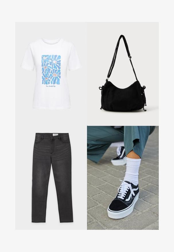 Hvid t-shirt med korte ærmer, prydet med et blåt abstrakt blomsterdesign og teksten "Have a beautiful day" under blomsterne.; Sort denim med lige ben, knap- og lynlåslukning, for- og baglommer samt diskret falming på lårene, lagt fladt på en hvid baggrund.; Sorte ruskinds sneakers med hvide accenter og snørebånd, der har en tyk hvid sål og kontrasterende syninger, parret med en hvid sok.; Sort kordfløjls skuldertaske med en buet form, justerbar strop og snorelukninger på begge sider til størrelsejustering.