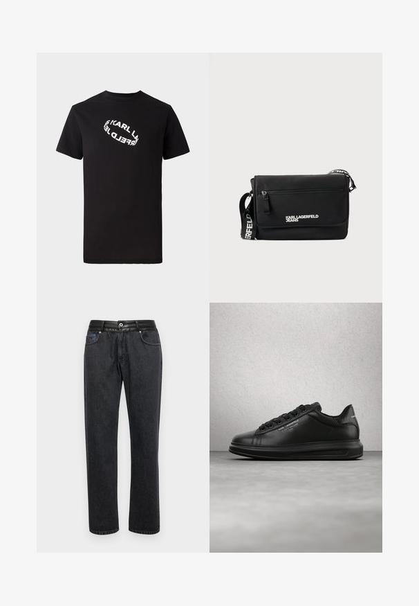 Schwarzes Baumwoll-T-Shirt mit kurzen Ärmeln und Rundhalsausschnitt. Auf der Vorderseite befindet sich ein verzerrter, weißer Logotext.; Schwarze Jeans aus Denim mit geradem Schnitt, ausgestattet mit einem glatten Lederbund, Vorderaschen und dezenten Steppnähten.; Person trägt schwarze Karl Lagerfeld Sneakers mit schwarzer Hose und steht auf einem Holzdielenboden vor einer weißen vertäfelten Wand.; Schwarze Umhängetasche aus glattem Nylon. Verfügt über einen verstellbaren Riemen, eine vordere Reißverschlusstasche und ein weiß aufgedrucktes Logo. Rechteckige Form mit minimalistischem Design.