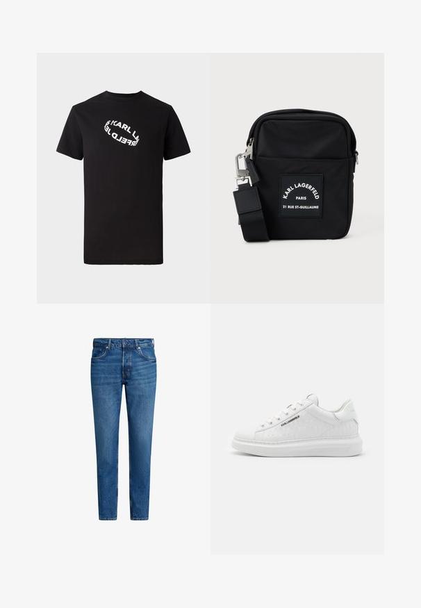 Zwarte katoenen t-shirt met korte mouwen en een ronde hals. Voorzien van een witte, vervormde logo-tekst gedrukt op de voorkant.; Blauwe denim jeans met een rechte pijp, voorzien van vijf zakken, een sluiting met een knoop aan de voorkant, en contrasterende oranje stiksels.; Witte sneaker van glad leer met een reliëfpatroon. Heeft een ronde neus, vetersluiting aan de voorkant, en een textuurzool. Zilveren logo detail aan de zijkant.; Zwarte nylon schoudertas met een rechthoekige vorm, voorzien van een voorste logo-label, zilverkleurige hardware en een verstelbare schouderband.