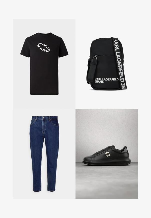 Schwarzes Baumwoll-T-Shirt mit kurzen Ärmeln und Rundhalsausschnitt. Auf der Vorderseite befindet sich ein verzerrter, weißer Logotext.; Dunkelblaue Jeans mit geradem Bein, vorderer Knopf- und Reißverschluss, Gürtelschlaufen sowie Vorder- und Gesäßtaschen.; Person trägt schwarze Lederhosen und schwarze Sneakers mit einem kleinen Comic-Charakter-Anhänger an der Seite, steht auf einem Holzboden.; Schwarze Stoff-Crossbody-Tasche mit rechteckiger Form, ausgestattet mit einer Reißverschlusstasche an der Vorderseite und einem kontrastierenden Logo-Gurt in Weiß.
