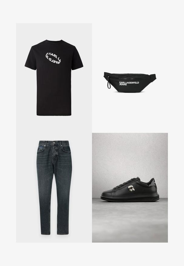 Schwarzes Baumwoll-T-Shirt mit kurzen Ärmeln und Rundhalsausschnitt. Auf der Vorderseite befindet sich ein verzerrter, weißer Logotext.; Dunkelgraue Denim-Jeans mit geradem Bein-Design, fünf Taschen, Knopfverschluss und subtiler Ausbleichung. Hergestellt aus Baumwolle mit glatter Textur.; Person trägt schwarze Lederhosen und schwarze Sneakers mit einem kleinen Comic-Charakter-Anhänger an der Seite, steht auf einem Holzboden.; Schwarze Bauchtasche mit Reißverschluss und weißem "KARL LAGERFELD JEANS" Logo auf der Vorderseite sowie verstellbaren Trägern auf beiden Seiten.