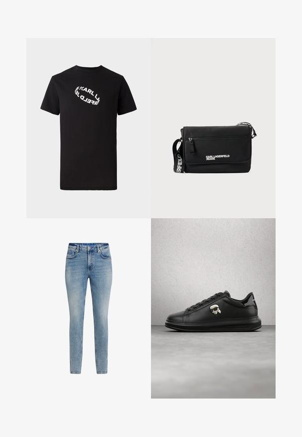 T-shirt en coton noir à manches courtes et col rond. Présente un texte de logo blanc distordu imprimé sur le devant.; Jeans en denim bleu clair, coupe slim. Présente un design à cinq poches, fermeture par bouton et un léger délavage. Texture lisse et coupe straight.; Personne portant un pantalon en cuir noir et des baskets noires avec un petit accessoire personnage de dessin animé sur le côté, debout sur un sol en bois.; Sac messager noir en nylon lisse. Dispose d'une bandoulière réglable, d'une poche zippée à l'avant et d'un logo imprimé en blanc. Forme rectangulaire avec un design minimaliste.