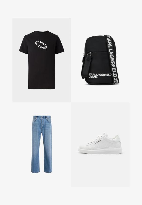 T-shirt en coton noir à manches courtes et col rond. Présente un texte de logo blanc distordu imprimé sur le devant.; Jeans en denim bleu clair avec une coupe droite, cinq poches, fermeture à bouton, peu d'usure et des détails de couture contrastés.; Baskets blanches en cuir lisse avec motif gaufré. Présentent un bout rond, un laçage à l'avant et une semelle texturée. Détail du logo argenté sur le côté.; Sac bandoulière noir en tissu, de forme rectangulaire, avec une poche avant zippée et une sangle logo contrastante en blanc.