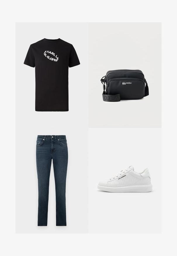Schwarzes Baumwoll-T-Shirt mit kurzen Ärmeln und Rundhalsausschnitt. Auf der Vorderseite befindet sich ein verzerrter, weißer Logotext.; Dunkelblaue Slim-Fit-Jeans mit Vordertaschen, Knopf und Gürtelschlaufen, auf einem schlichten hellen Hintergrund präsentiert.; Weißer Sneaker aus glattem Leder mit geprägtem Muster. Verfügt über eine runde Zehenpartie, Schnürung vorne und strukturierten Sohle. Silbernes Logo-Detail an der Seite.; Schwarze rechteckige Crossbody-Tasche mit zwei Reißverschlussfächern, „KARL LAGERFELD JEANS“-Logo und verstellbarem Markenriemen auf weißem Hintergrund.