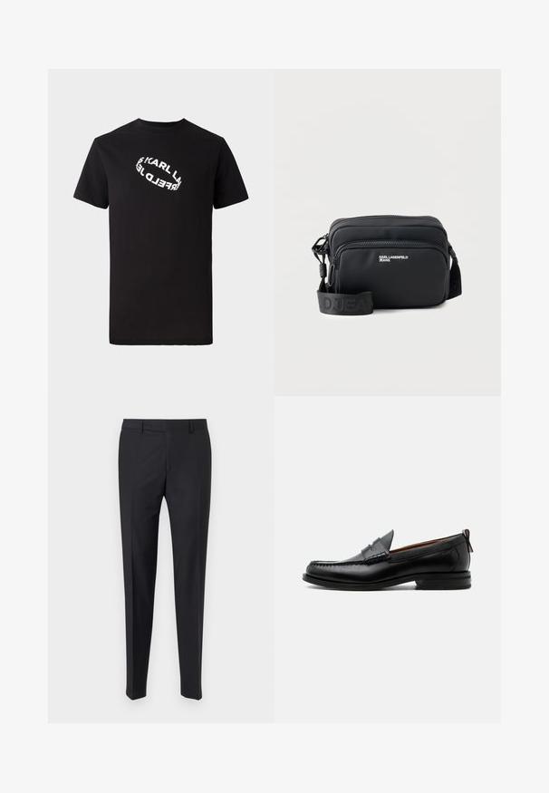 Sort bomulds T-shirt med korte ærmer og rund hals. Har en hvid, forvrænget logotekst trykt på fronten.; Sorte habitbukser med tætsiddende pasform, glat front og læg; lavet af glat stof med bæltestropper og lynlås.; Sort læder herre loafer med moc-tå syning, penny strop, struktureret krave og lav stablet hæl på hvid baggrund.; Sort rektangulær crossbody taske med to lynlåslommer, "KARL LAGERFELD JEANS" logo og justerbar mærket rem på hvid baggrund.