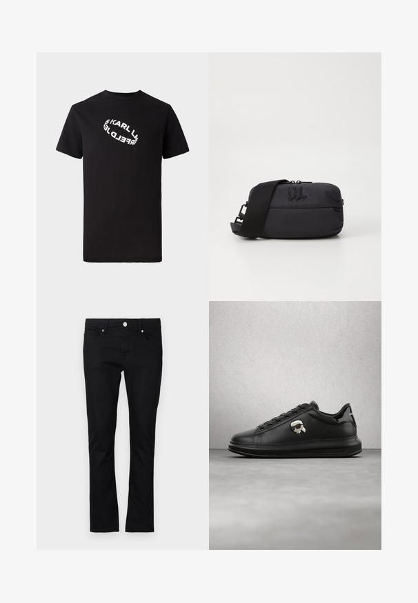 Camiseta de algodón negra con mangas cortas y cuello redondo. Presenta un texto de logo distorsionado en blanco impreso en el frente.; Jeans de mezclilla negra con un corte ajustado, diseño de pierna recta, estilo de cinco bolsillos y cierre de botón metálico, con detalles de costura mínimos.; Persona que lleva pantalones de cuero negros y zapatillas negras con un pequeño accesorio de personaje de dibujos animados en el lateral, de pie sobre un suelo de madera.; Bolsa cruzada de nylon negro con una textura suave, cierre de cremallera, correa ajustable y detalle de logo embossado en la parte frontal.