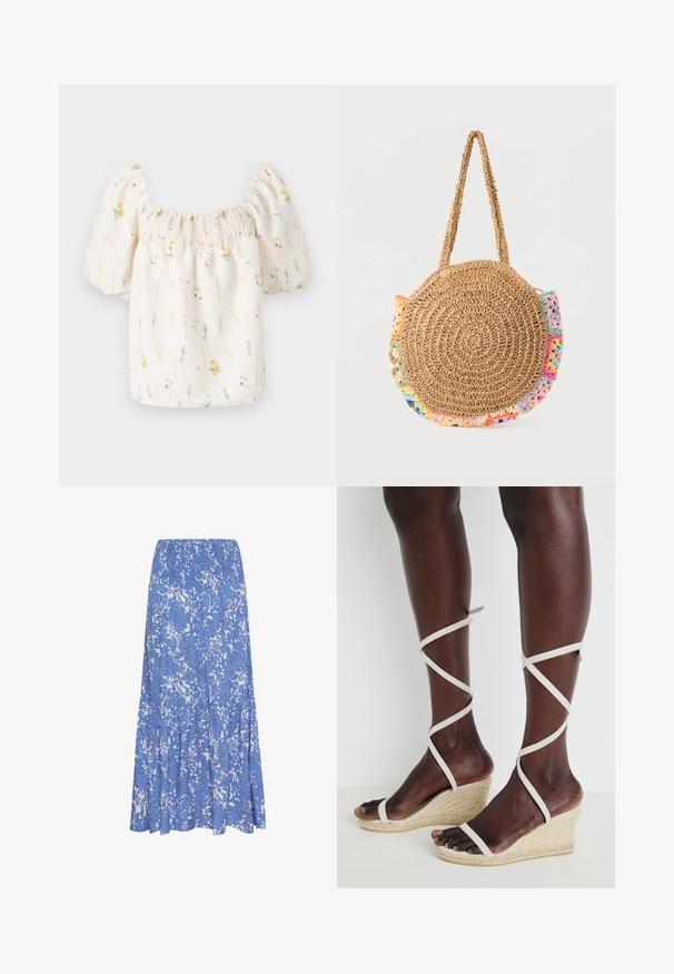 Blouse florale avec un décolleté carré, des manches bouffantes et un élastique froncé en haut. Elle présente un fond crème clair avec des imprimés floraux multicolores.; Jupe midi à motif floral bleu et blanc avec une taille smockée et une partie inférieure évasée à volants.; Sandale compensée avec une semelle d'espadrille texturée, des brides beiges entrecroisées autour de la cheville, design à bout ouvert, matériau lisse ressemblant au cuir.; Sac à main rond en paille tissée avec une bandoulière courte et des accents multicolores en crochet autour des bords.