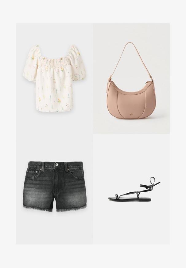 Bluse mit floralen Motiven, quadratischem Ausschnitt, Puffärmlen und gerafftem Gummizug oben. Hat einen hellen cremefarbenen Hintergrund mit mehrfarbigen Blumenprints.; Schwarze Denim-Shorts mit ausgefranstem Saum, fünf Taschen und kupferfarbenen Beschlägen. Der ausgebleichte Look weist eine subtile Textur und ein klassisches Design auf.; Schwarze flache Sandale mit dünnen Riemen und einem Knöchelwickeldesign auf schlichtem hellem Hintergrund.; Beige, halbmondförmige Ledertasche mit einem einzelnen Schulterriemen, goldfarbenem Reißverschluss und kleinem goldfarbenem Logo auf der vorderen Mittelpartie.