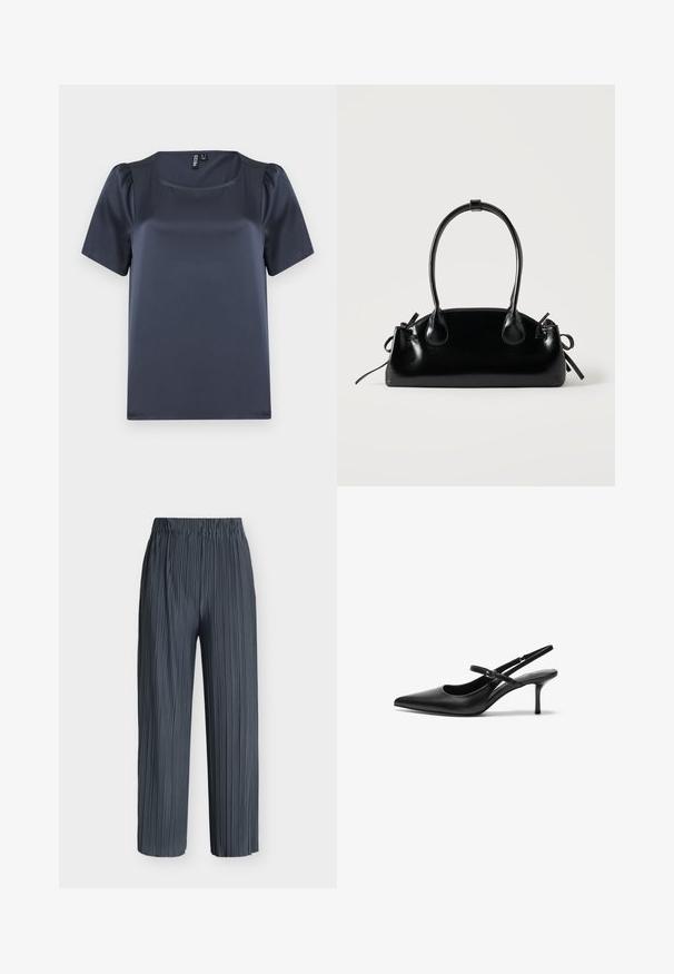 Haut à manches courtes bleu marine en tissu satin lisse. Doté d'un décolleté carré et de manches bouffantes, avec une coupe droite et sans motifs apparents.; Pantalon gris foncé à jambes larges avec plis verticaux et taille élastique, présenté sur un fond blanc uni.; Talons aiguilles noires en cuir avec un bout pointu, une fine bride réglable, et un talon aiguille d'environ 5 cm, texture lisse.; Petit sac à main noir brillant avec deux longues anses et des détails à cordon sur les côtés sur un fond clair uni.