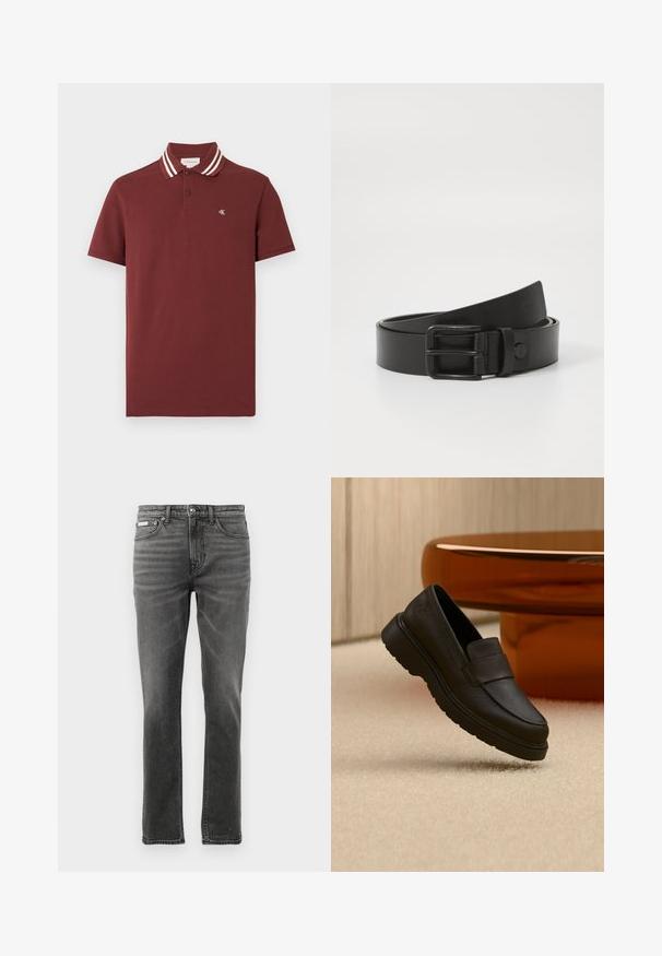 Polo manches courtes marron avec double rayures blanches sur le col et petit logo "cK" blanc sur la poitrine gauche.; Jean en denim gris foncé avec une coupe droite, design à cinq poches, motifs de dégradé subtils et accents en métal au niveau de la taille.; Mocassin en cuir noir avec une semelle épaisse posé sur un tapis clair devant une table en verre brun courbée et un lambris mural en bois.; Ceinture en cuir noir avec une boucle en métal rectangulaire. Présente une texture lisse et un design minimaliste, avec un léger enroulement à l'extrémité.